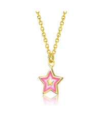 GiGiGirl Sterling Silver 14K Gold Plated with Pink & White Enamel Lucky Star Pendant Charm Necklace