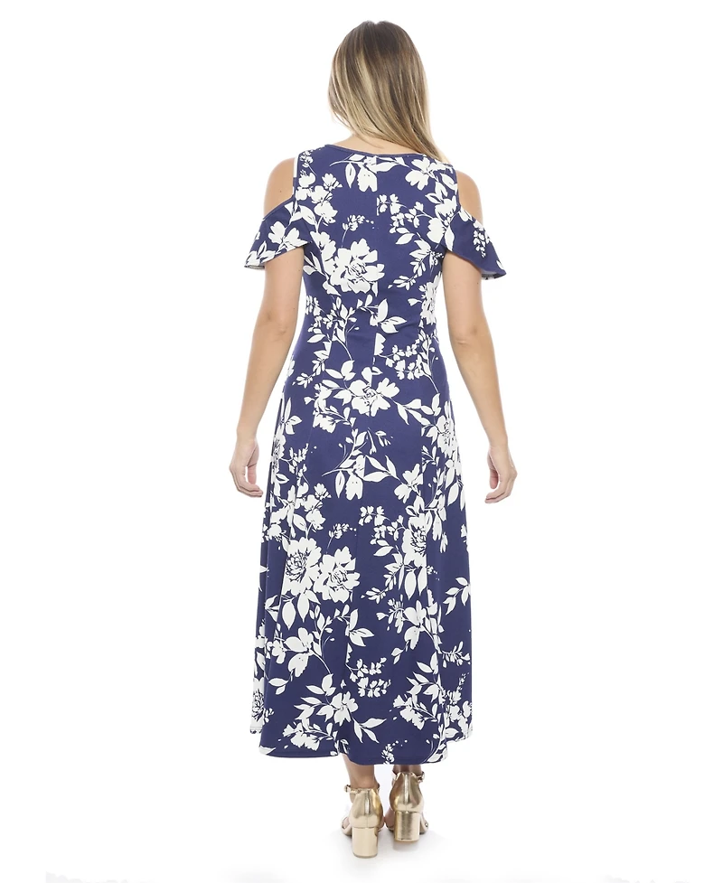 24seven Comfort Apparel Women's Floral Ruffle Sleeve Cold Shoulder A-Line Maxi Dress