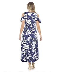 24seven Comfort Apparel Women's Floral Ruffle Sleeve Cold Shoulder A-Line Maxi Dress