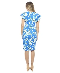 24seven Comfort Apparel Women's Floral Flutter Sleeve Faux Wrap Knee Length Dress