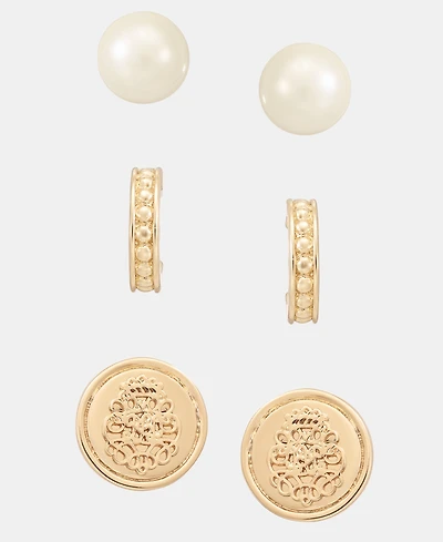 Lauren Ralph Lauren Gold-Tone Glass Pearl, Coin And Hoop Earrings, 3-Piece Set