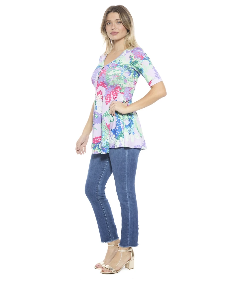24seven Comfort Apparel Women's Abstract V-Neck Elbow Sleeve Henley Tunic Top