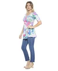 24seven Comfort Apparel Women's Abstract V-Neck Elbow Sleeve Henley Tunic Top