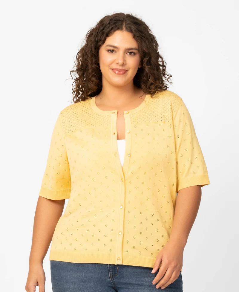Melissa Paige Plus Size Diamond Pointelle Elbow-Sleeve Cardigan, Macy's Exclusive