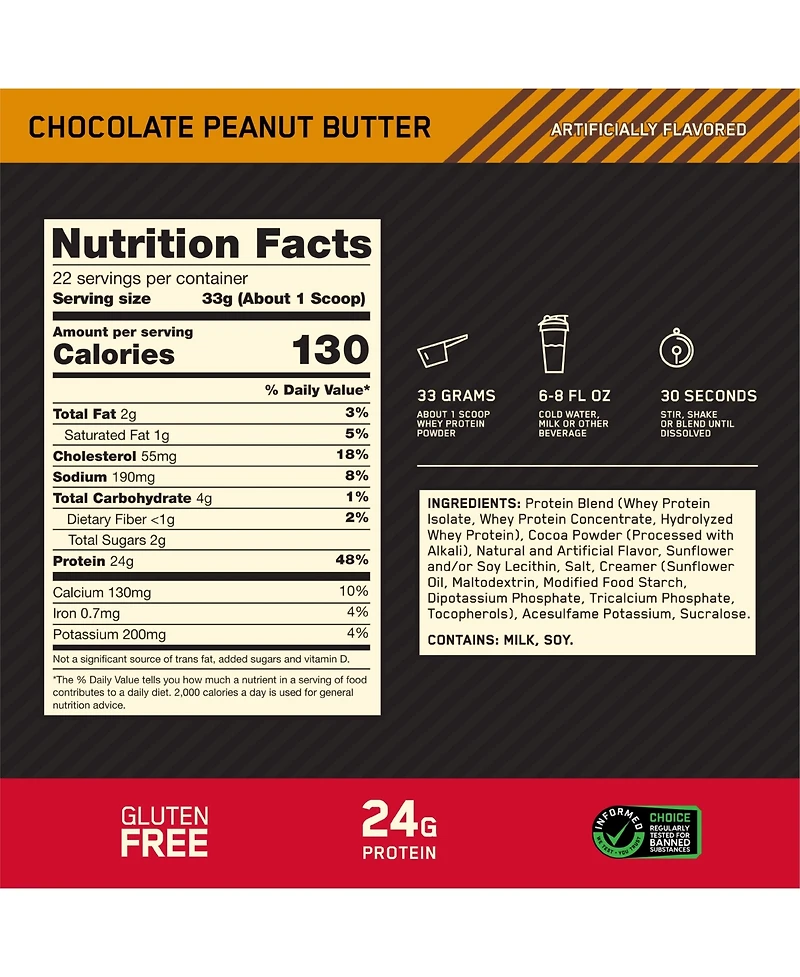 Optimum Nutrition Gold Standard 100% Whey Protein Chocolate Peanut Butter Protein Powder Drink Mix 25.6 oz