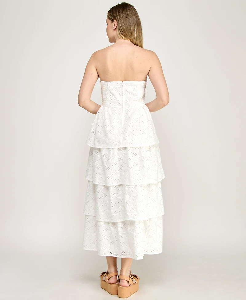 Beauty & Grace Women's Strapless Floral Eyelet Tiered Maxi Dress