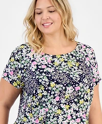 Connected Plus Printed Pintuck Short-Sleeve Dress