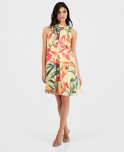 Robbie Bee Petite Floral-Print Chiffon Trapeze Dress