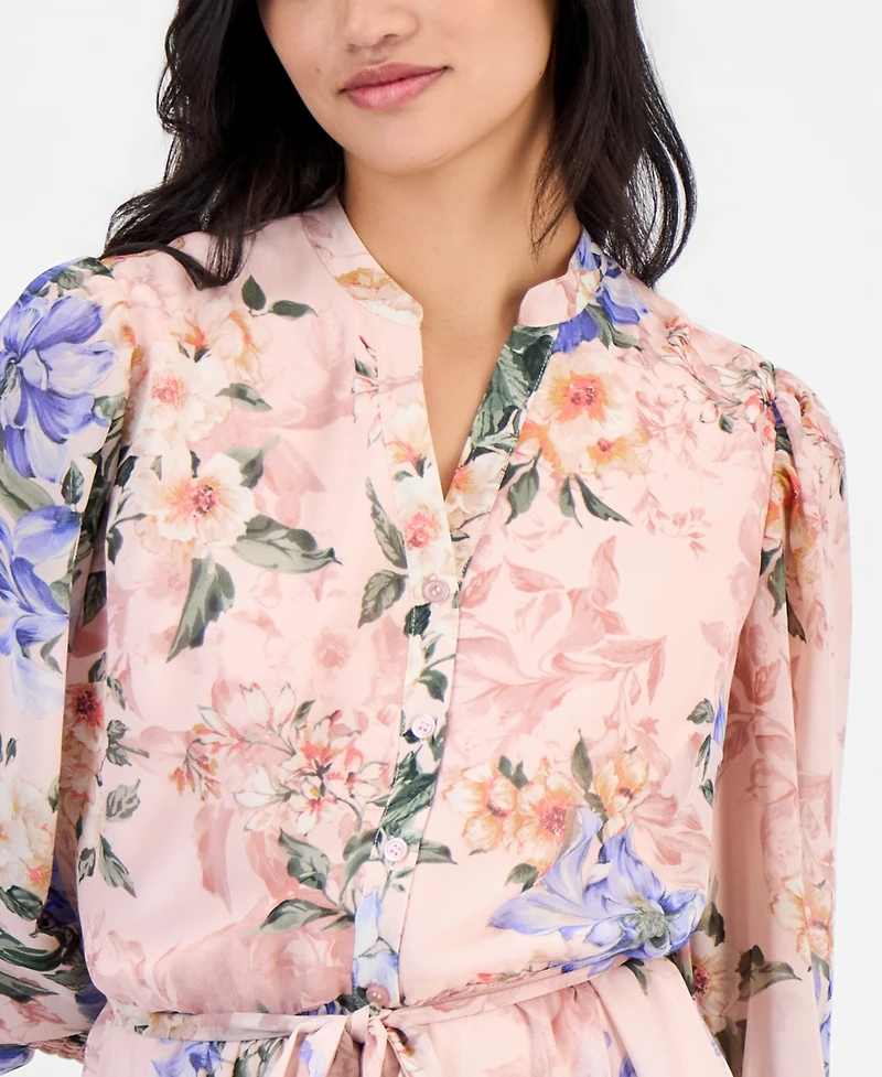 Robbie Bee Petite Floral-Print Chiffon Belted Dress