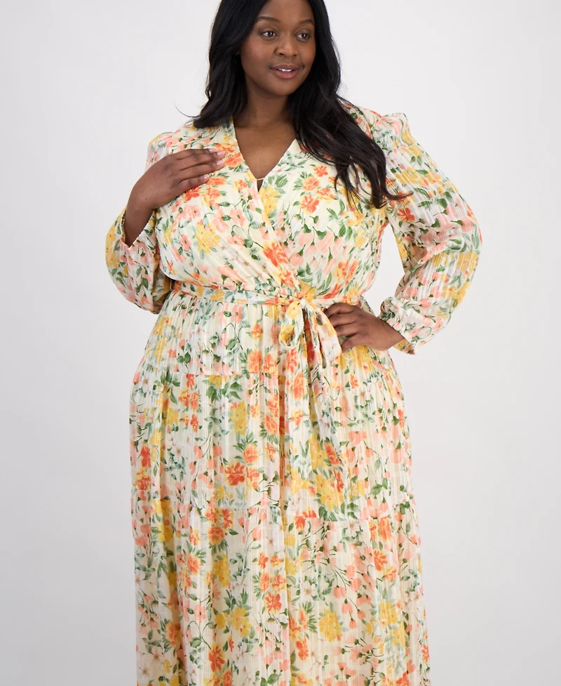Robbie Bee Plus Floral Chiffon Faux-Wrap Balloon-Sleeve Dress