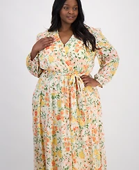 Robbie Bee Plus Floral Chiffon Faux-Wrap Balloon-Sleeve Dress