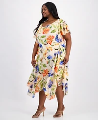 Robbie Bee Plus Printed Cowl-Neck Flutter-Sleeve Dress