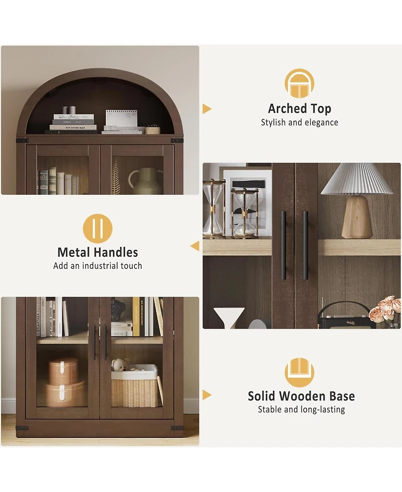 gaomon 71.6" Arched Display Cabinet, 5-Tier Arched Bookcase with Glass Doors, Bookshelf, Kitchen Pantry, Modern Fluted Wooden Storage