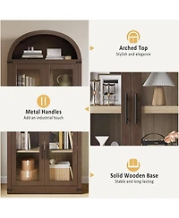 gaomon 71.6" Arched Display Cabinet, 5-Tier Arched Bookcase with Glass Doors, Bookshelf, Kitchen Pantry, Modern Fluted Wooden Storage