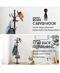 Yigii Wooden Coat Rack with Tree Design, 14 Hooks, Sturdy Base, Vintage Style