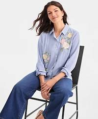Style & Co Women's Embroidered Stripe Perfect Shirt, Macy's Exclusive