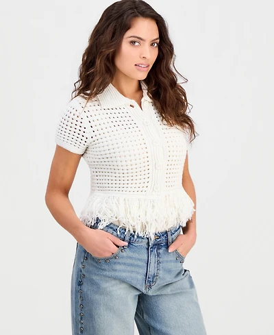 And Now This Petite Short-Sleeve Johnny-Collar Fringe Sweater, Macy's Exclusive