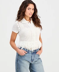 And Now This Petite Short-Sleeve Johnny-Collar Fringe Sweater, Macy's Exclusive