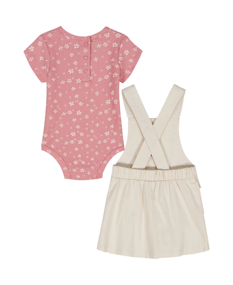 Calvin Klein Baby Girls' Ribbed Printed Bodysuit & Denim Overall, 2-Piece Set