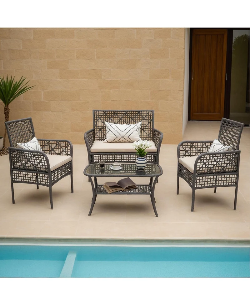 Flynama 4 Piece Outdoor Patio Pe Rattan Conversation Set with Tempered Glass Table Soft Cushions for Backyard Pool Lawn