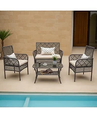 Flynama 4 Piece Outdoor Patio Pe Rattan Conversation Set with Tempered Glass Table Soft Cushions for Backyard Pool Lawn