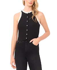 CeCe Women's Crochet Floral Trim Crewneck Top