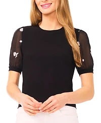 CeCe Women's Mixed Media Design Crewneck Top