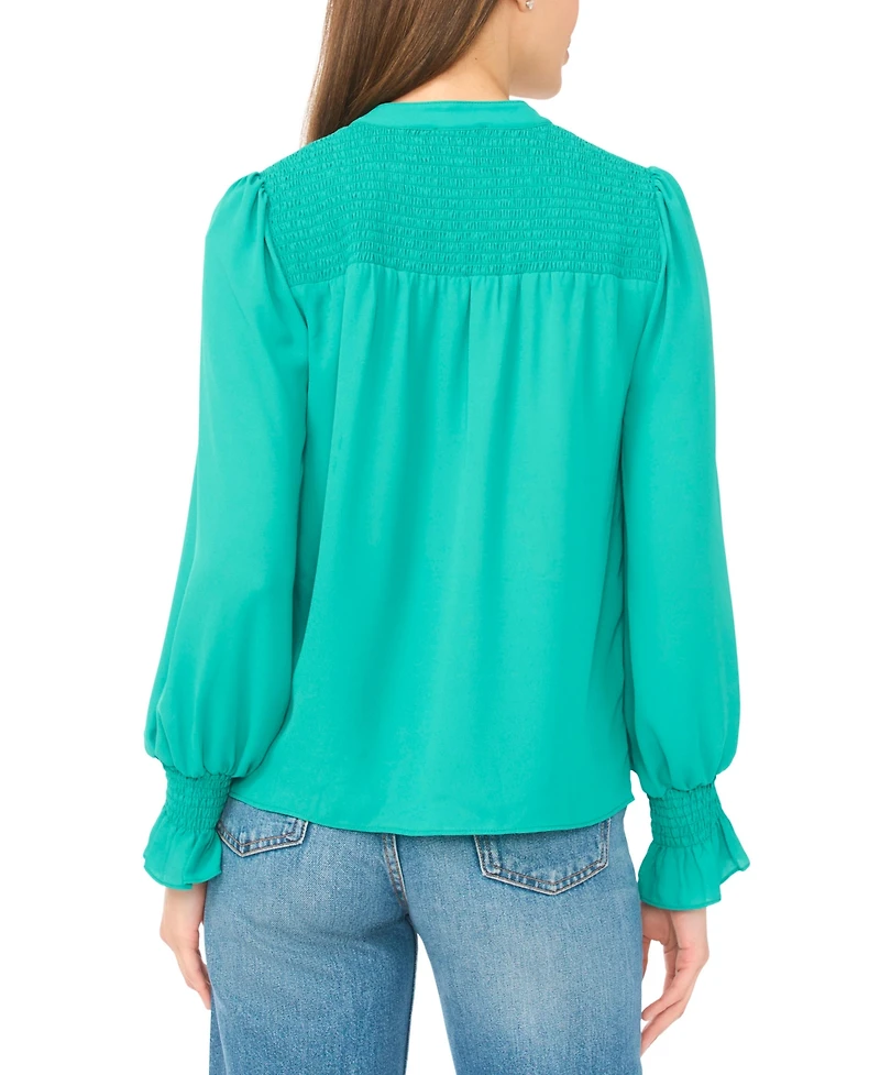 CeCe Women's Long-Sleeve V-Neck Smocked Top
