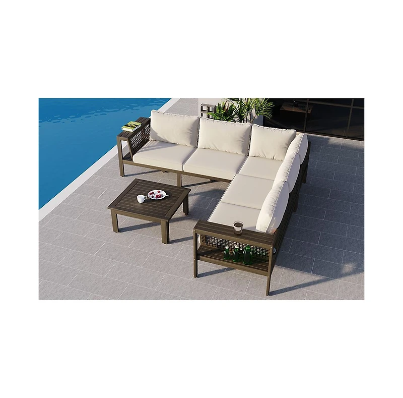 Flynama 4 Piece Outdoor Acacia Wood L Shaped Patio Sofa Set with Coffee Table Woven Mesh Armrests Beige Cushions for Garden Poolside