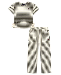Tommy Hilfiger Girls' Toddler 2T-4T Popcorn Pique Oversized T-Shirt & Striped Wide Leg Pants, 2-Piece Set
