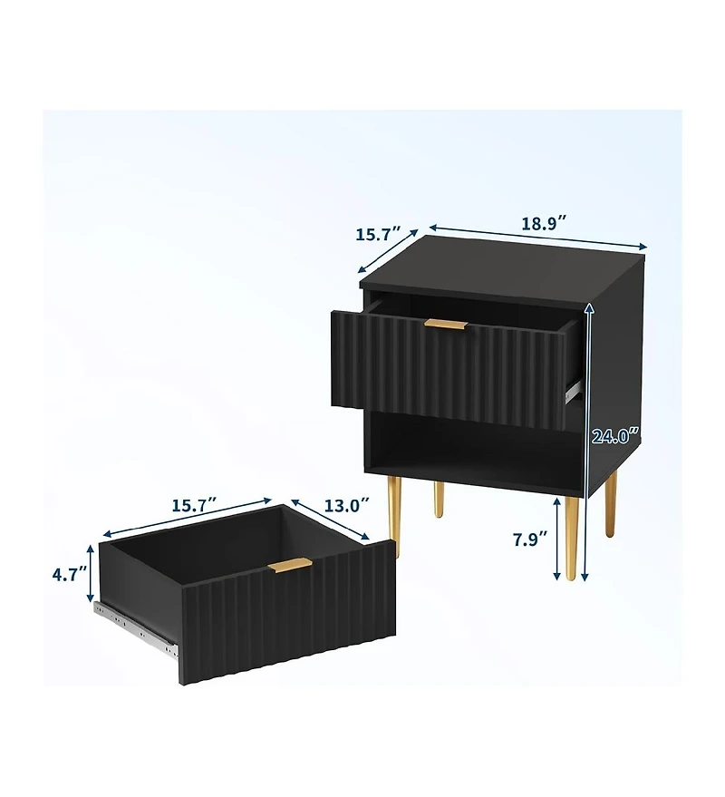 gaomon Set of 2 Black 2-Drawer Fluted Nightstands, Gold & Wood Bedside Table with Usb Charging Station
