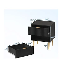 gaomon Set of 2 Black 2-Drawer Fluted Nightstands, Gold & Wood Bedside Table with Usb Charging Station