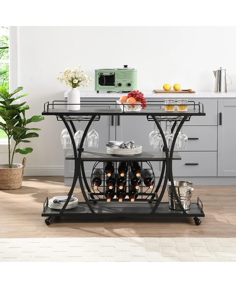 Boyel Living 32.6'' Tall Industrial Style Rolling Kitchen Island Wine Cart with Black Finished, Fir Wood Mobile Metal Wine Bar Cart