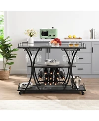 Boyel Living 32.6'' Tall Industrial Style Rolling Kitchen Island Wine Cart with Black Finished, Fir Wood Mobile Metal Wine Bar Cart