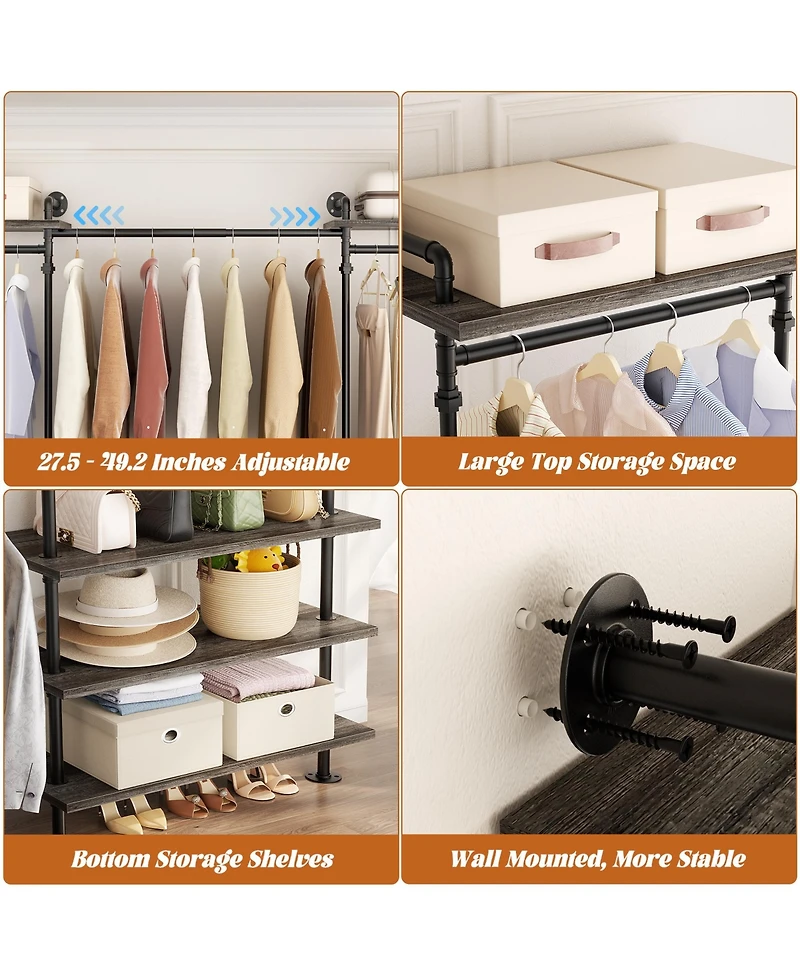 Aheaplus Clothing Rack,Garment Rack With 3 Wood Shelves, Organizer Rack Wall Mounted