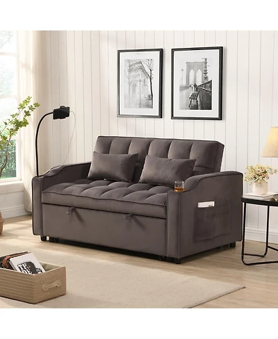 Maison Boucle Velvet Pull-out Sleeper Sofa Bed with Usb, Reclining Back, Tufted