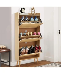 gaomon Shoe Cabinet with 3 Flip Drawers, Narrow 3-Tier Storage Organizer with Woven Rattan Front, Space-Saving Entryway Shoe Bench for Hallway, Porch