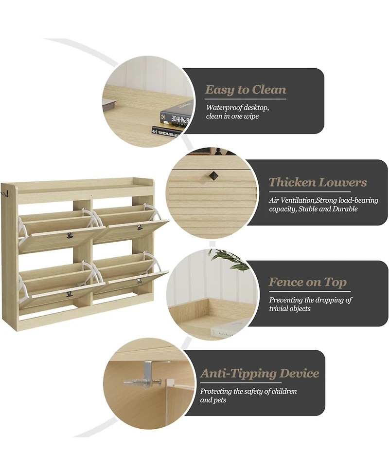 gaomon Large Shoe Storage Cabinet with 4 Flip Drawers, Narrow for Entryway Wooden Legs