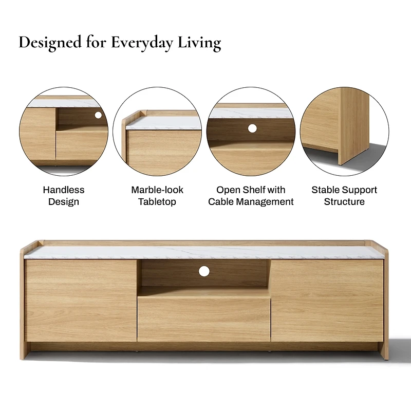 LuxenHome Hazel Oak 62.4” Wide Tv Media Console with 2 Doors & Open Storage, Faux Marble Top, Manufactured Wood