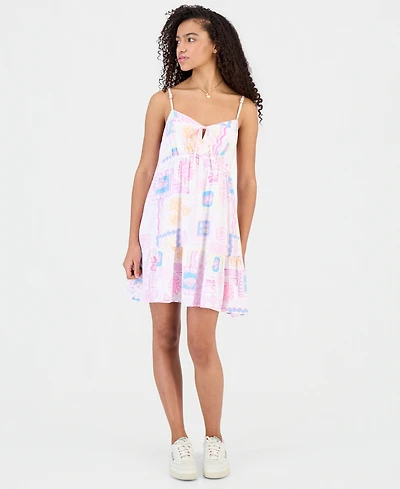 Hippie Rose Juniors' Printed Babydoll Tie-Front Mini Dress