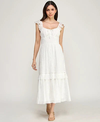 Row A Women's Flutter Sleeve Embroidered Midi Dress