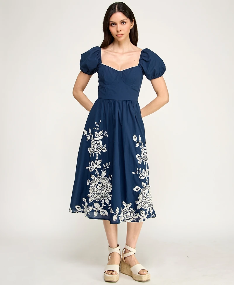 Row A Women's Embroidered Sweetheart Neck Midi Dress