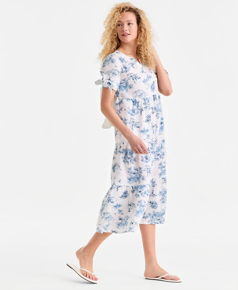 Charter Club Women's 100% Linen Printed Tiered Fit & Flare Dress, Macy's Exclusive