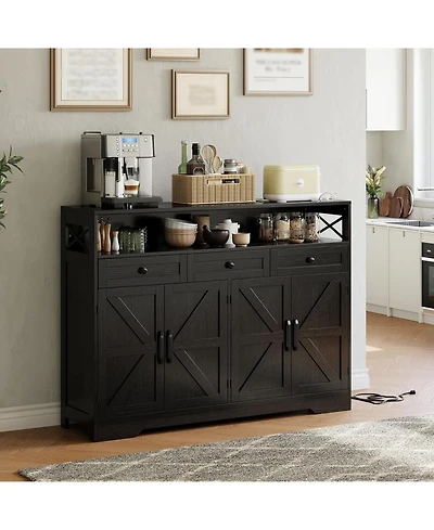 Gaomon Farmhouse Black Sideboard Buffet Cabinet with Storage Shelf and Built-in Charging Station, 51-inch Large Coffee Bar Hutch
