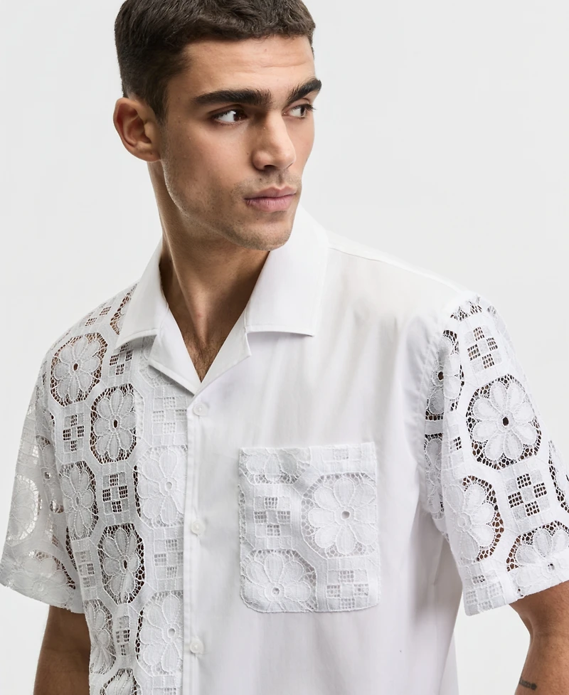 Mode of One Men's Relaxed-Fit Spliced Lace Short-Sleeve Shirt, Macy's Exclusive