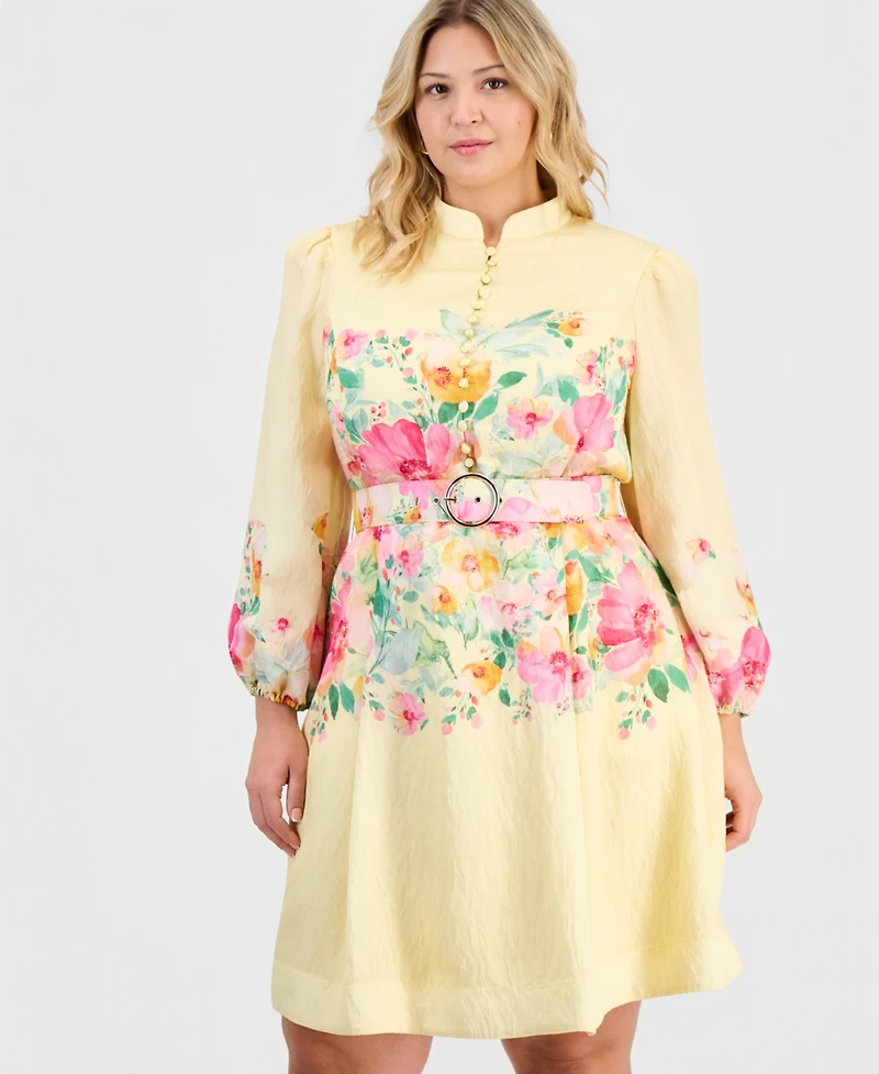 Tahari Asl Plus Placed-Print Belted Fit & Flare Dress