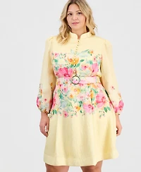 Tahari Asl Plus Placed-Print Belted Fit & Flare Dress