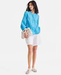 Charter Club Women's 100% Linen Blouson-Sleeve Peplum Top, Macy's Exclusive