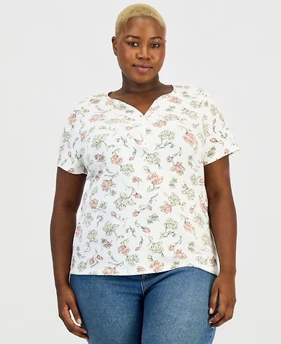 Style & Co Plus Printed Short-Sleeve Henley Top
