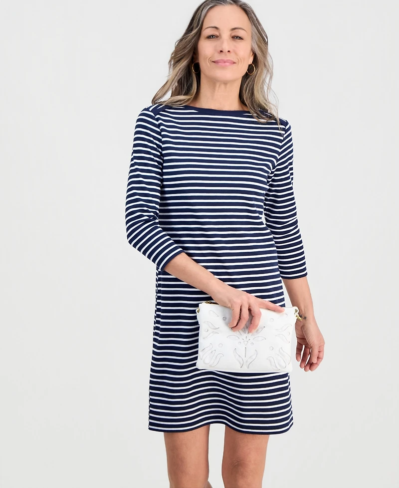 Style & Co. Petite Striped Knit Envelope-Neck 3/4-Sleeve Dress, Macy's Exclusive